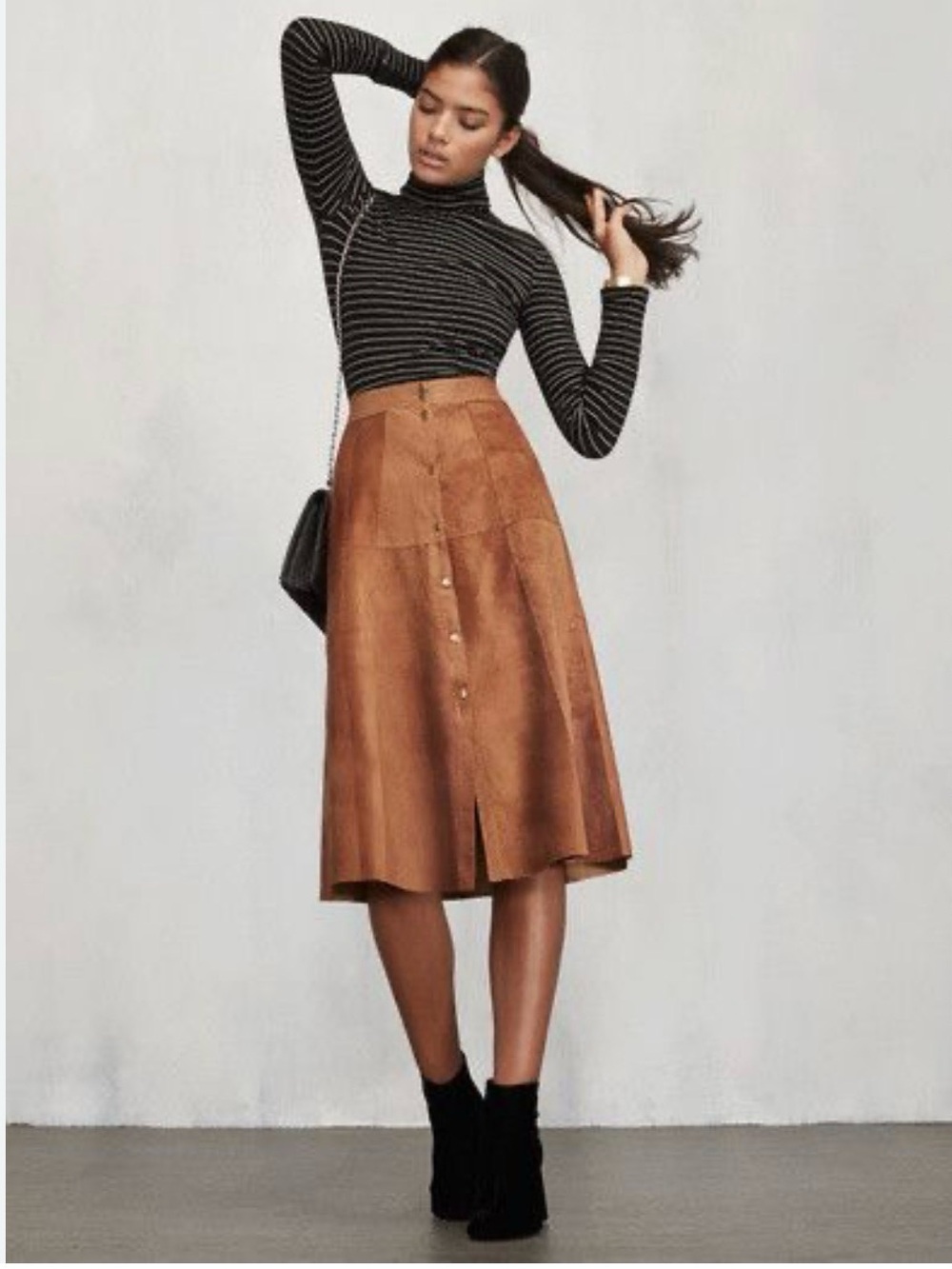 Women's Suede Button-Front A-Line Skirt in Cognac